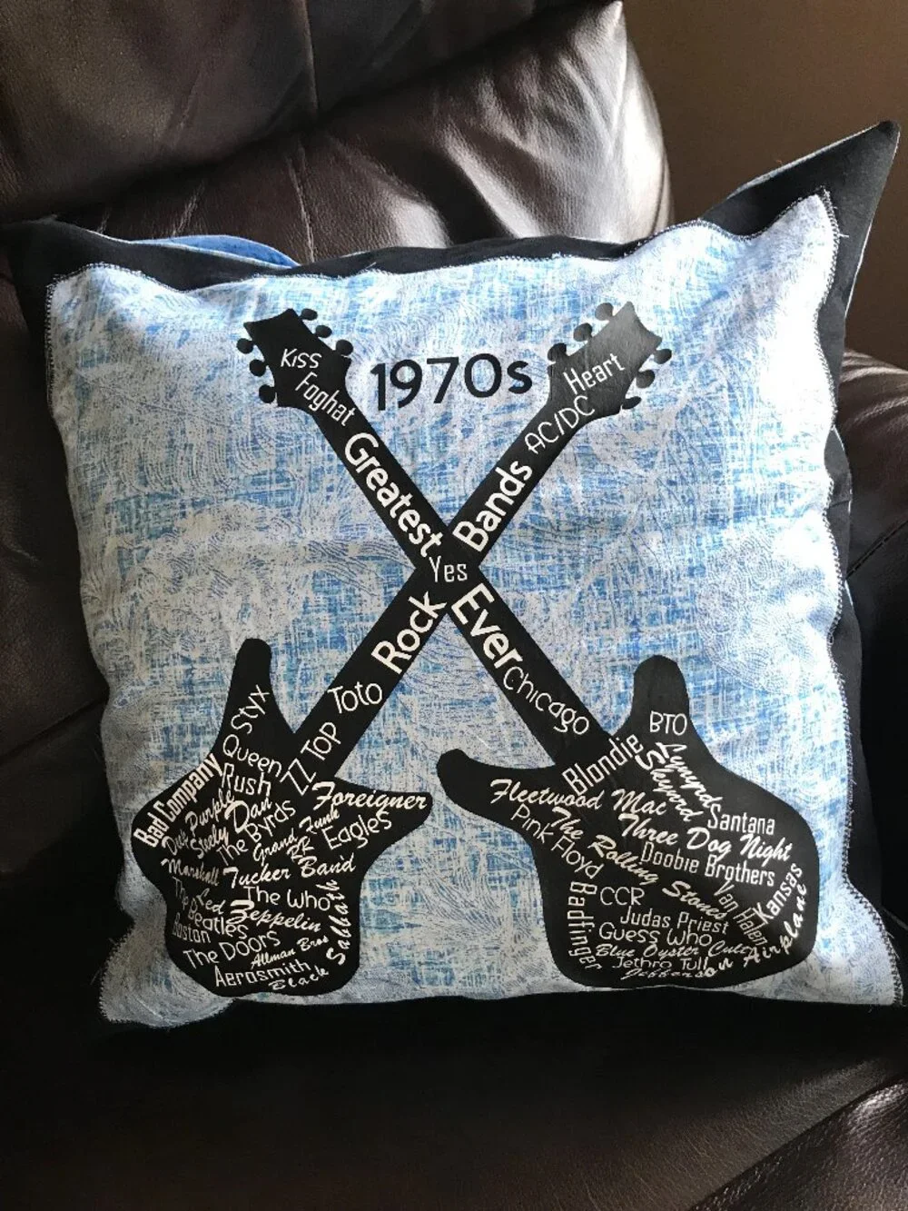 Handmade Pillow Cover, 1970s Rock Bands Guitars Music Room Decor 18 x 18 inches